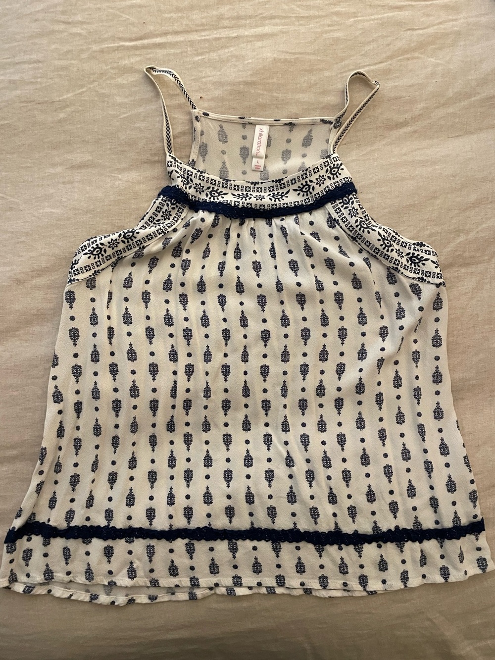 Xhiliration Spaghetti Strap Halter Tank Top - White with Navy Print